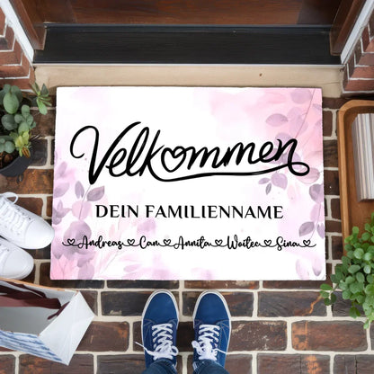 Personalisierte Fußmatte Familie Willkommen Velkommen Pink Rosa Floral