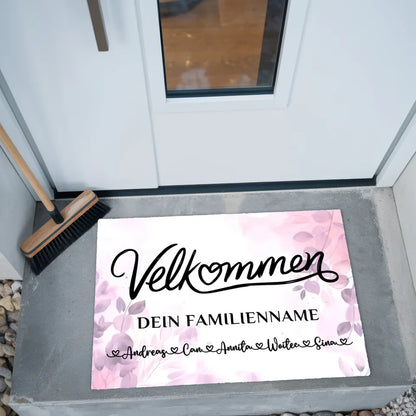 Personalisierte Fußmatte Familie Willkommen Velkommen Pink Rosa Floral