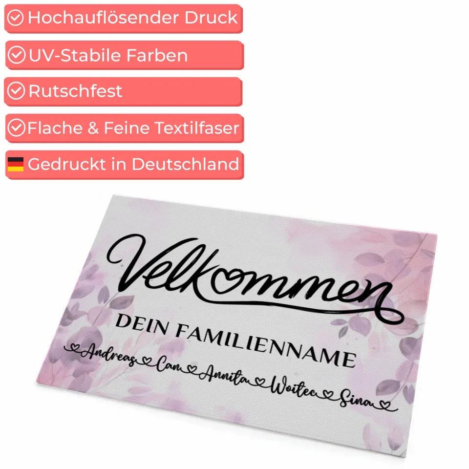 Personalisierte Fußmatte Familie Willkommen Velkommen Pink Rosa Floral