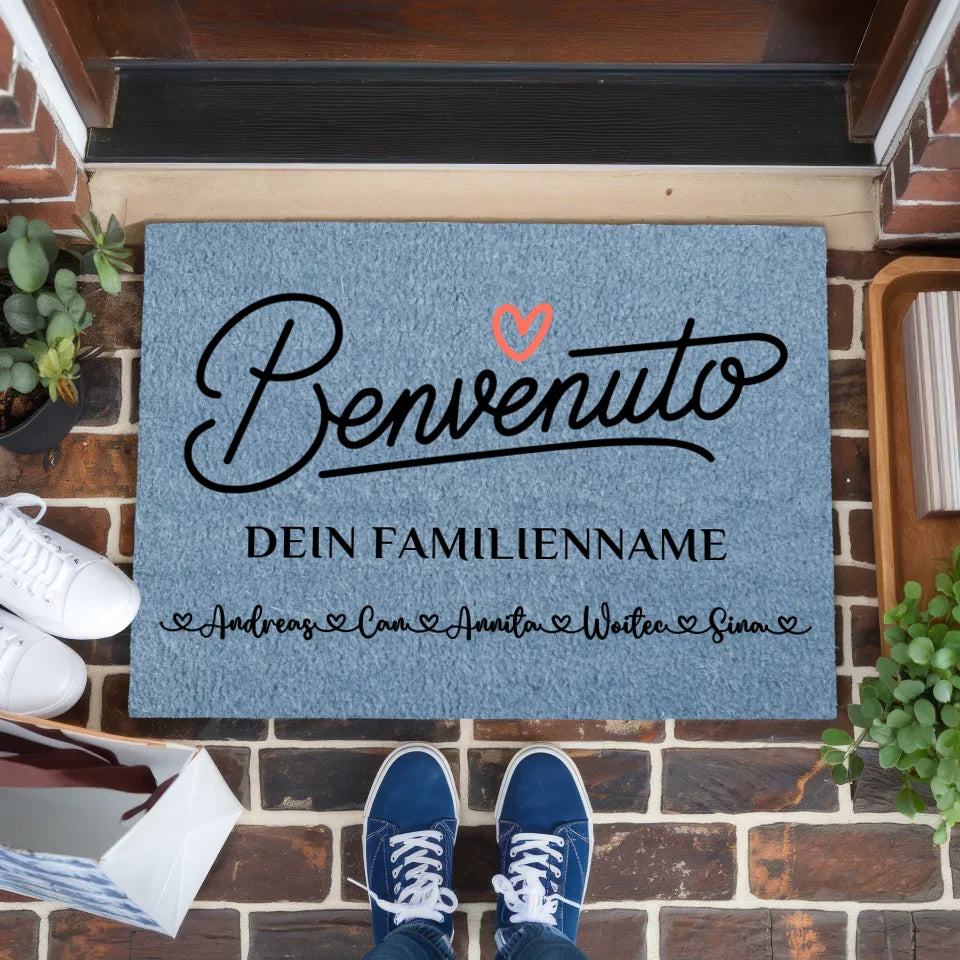 Familien Fußmatte mit Namen Willkommen auf Italienisch Benvenuto Blau 1