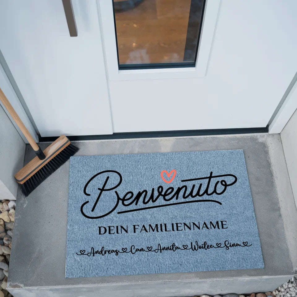Familien Fußmatte mit Namen Willkommen auf Italienisch Benvenuto Blau 2