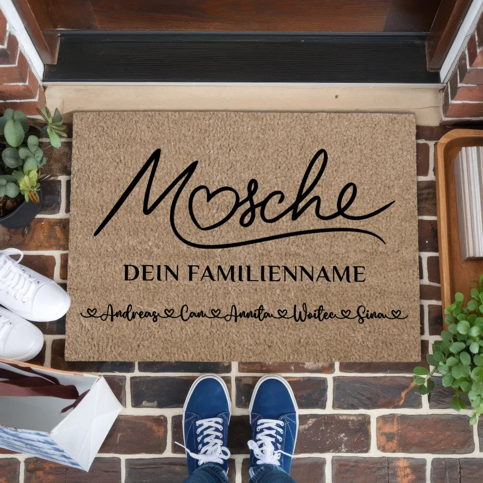 Personalisierte Fußmatte Familie Willkommen Auf Pfälzisch Mosche Braun Hell 1
