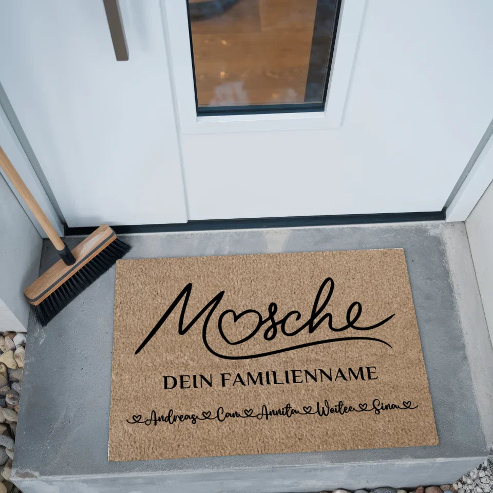 Personalisierte Fußmatte Familie Willkommen Auf Pfälzisch Mosche Braun Hell 2