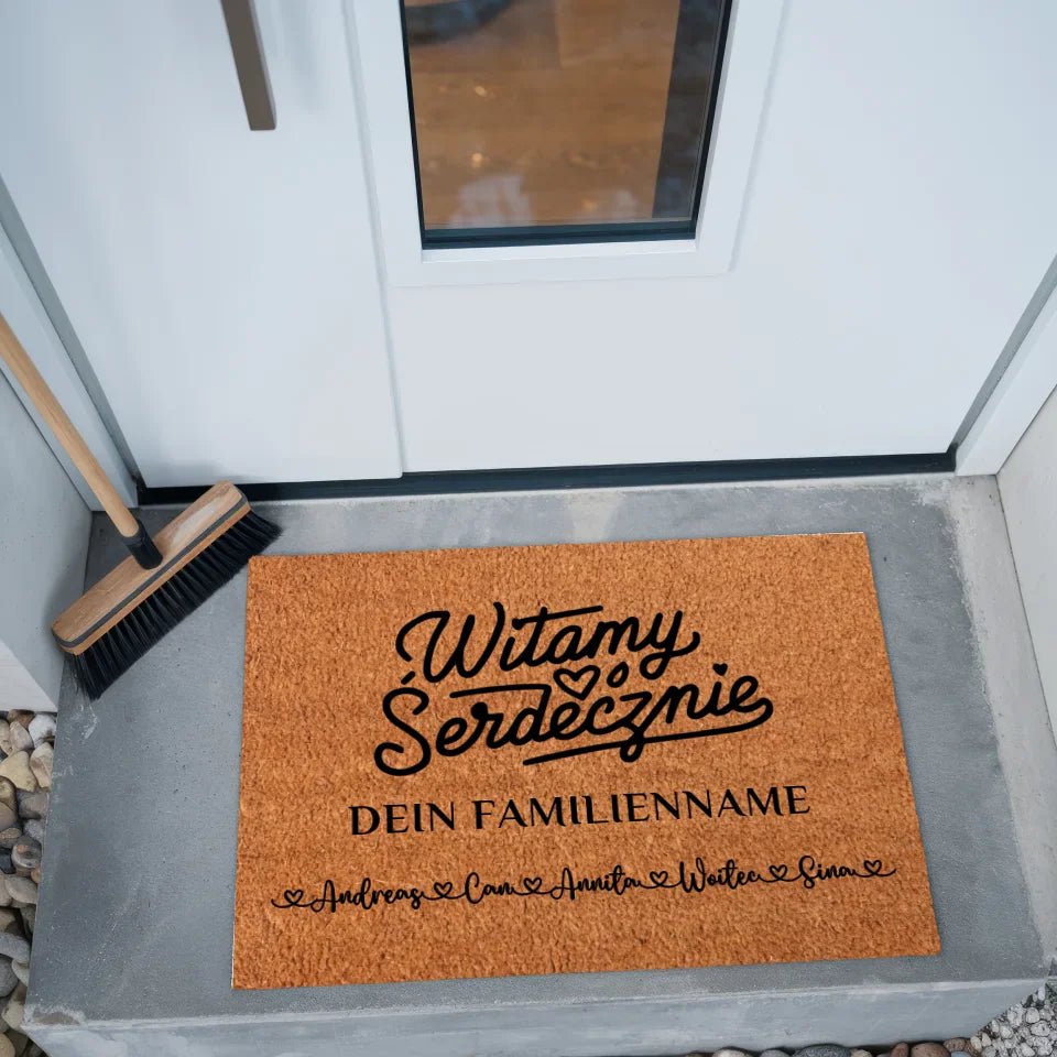 Personalisierte Familie Fußmatte Willkommen Witamy Serdecznie Braun