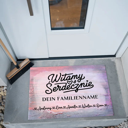 Personalisierte Familien Fußmatte Vintage Holz Bunt Bem Vindo! 2