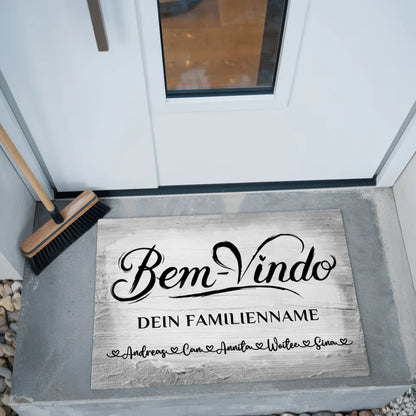 Personalisierte Familie Fußmatte Vintage Holz Grau Willkommen Bem Vindo