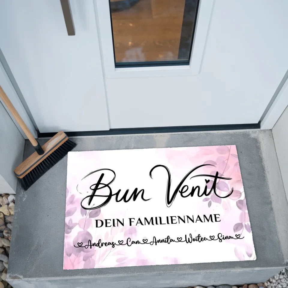 Familien Fußmatte mit Namen Pink Rosa Floral Willkommen Bun Venit