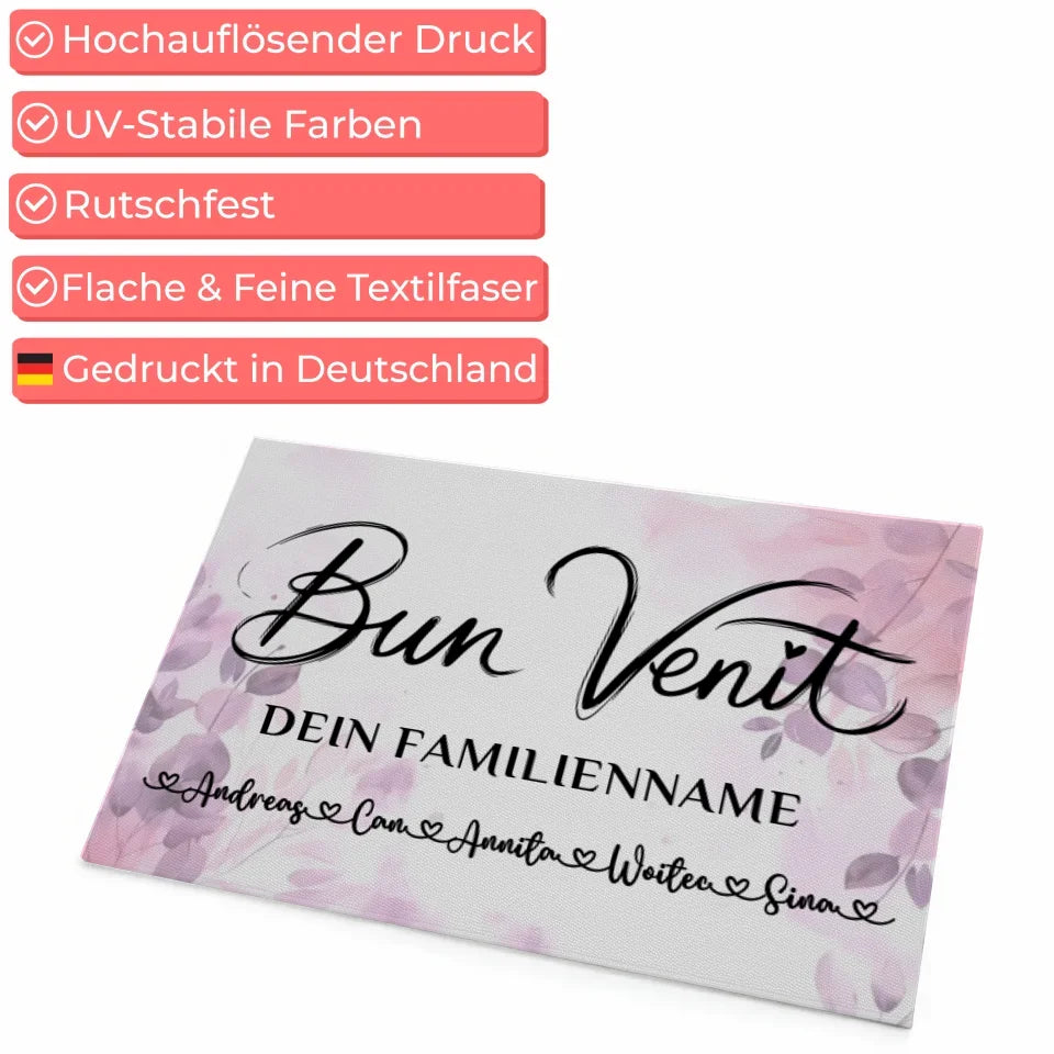 Familien Fußmatte mit Namen Pink Rosa Floral Willkommen Bun Venit