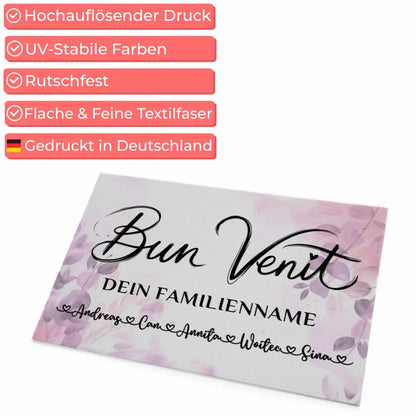 Familien Fußmatte mit Namen Pink Rosa Floral Willkommen Bun Venit