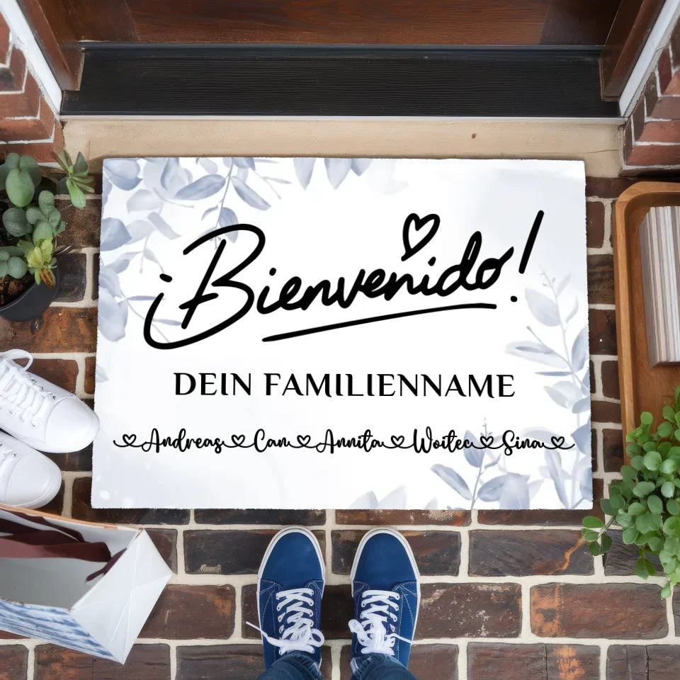 Personalisierte Fussmatte mit Namen Willkommen Auf Spanisch Eucalyptus Blau 1