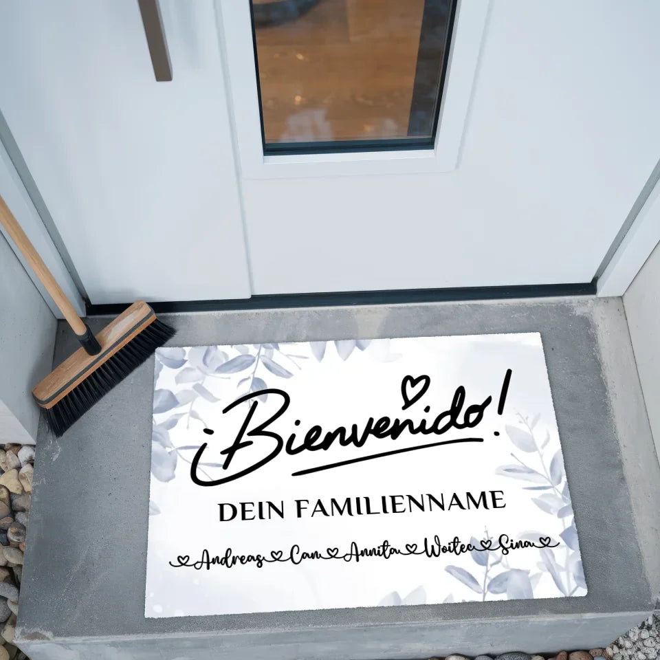 Personalisierte Fussmatte mit Namen Willkommen Auf Spanisch Eucalyptus Blau 2
