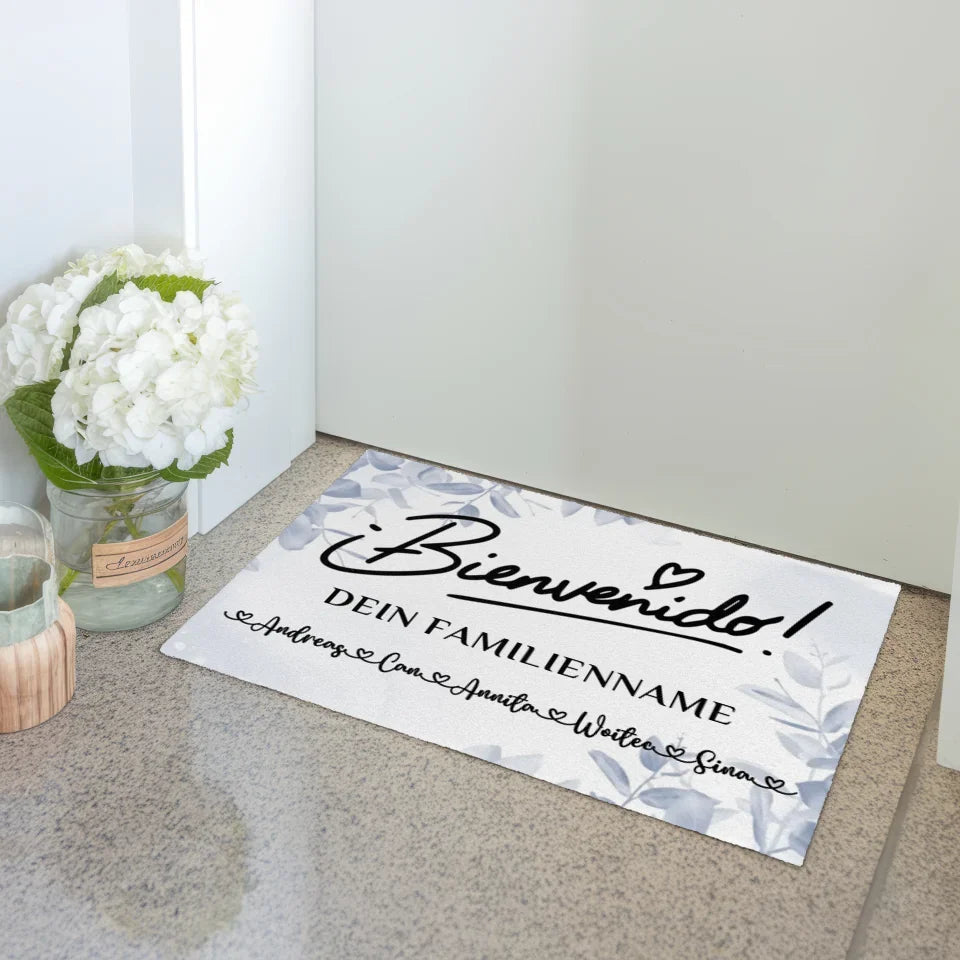 Personalisierte Fussmatte mit Namen Willkommen Auf Spanisch Eucalyptus Blau 3