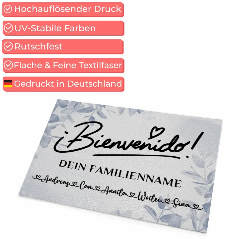 Personalisierte Fussmatte mit Namen Willkommen Auf Spanisch Eucalyptus Blau 4