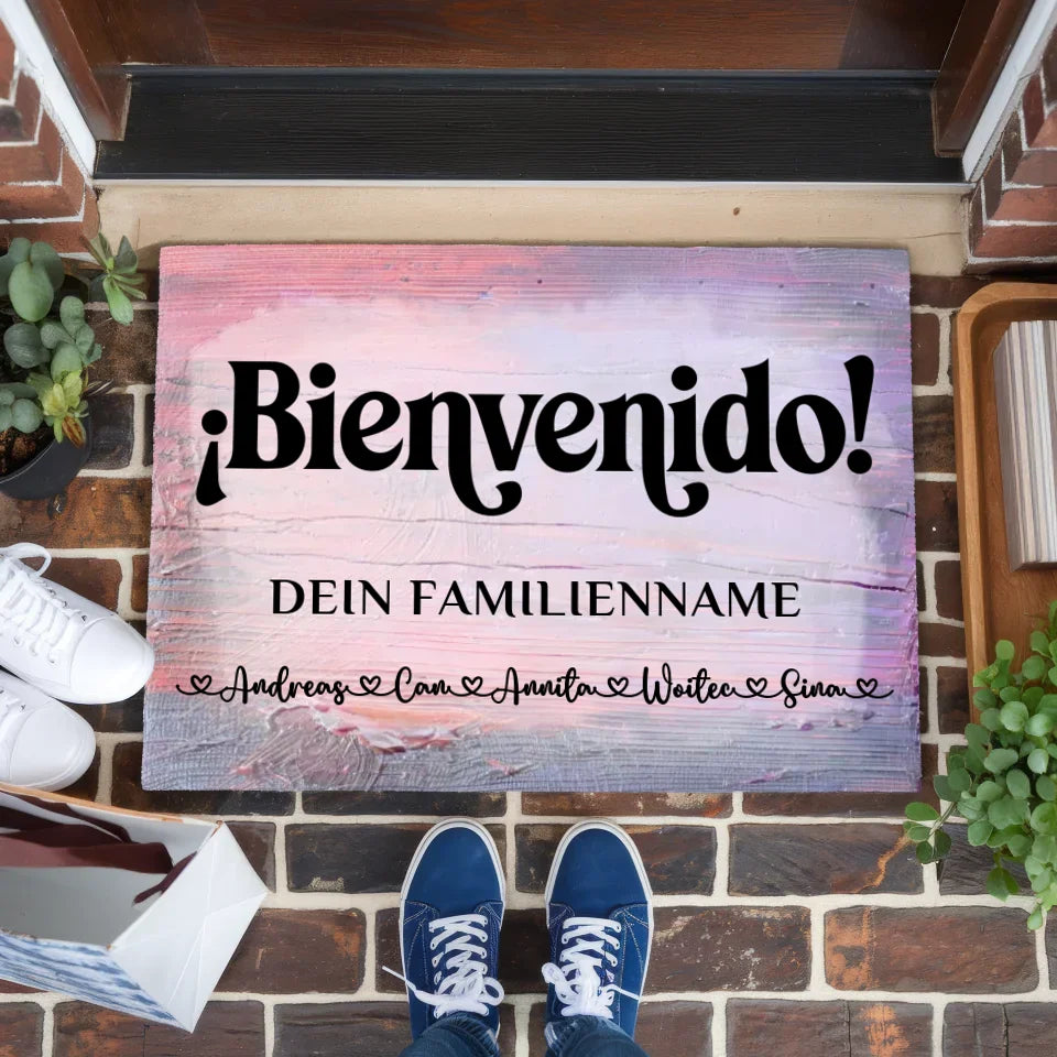 Personalisierte Fußmatte Willkommen auf Spanisch Vintage Holz Bunt 1