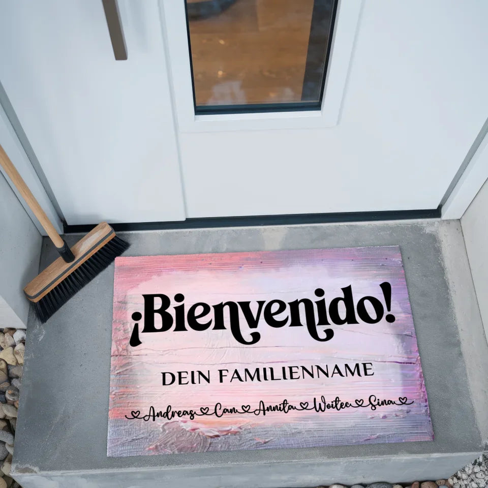 Personalisierte Fußmatte Willkommen auf Spanisch Vintage Holz Bunt 2