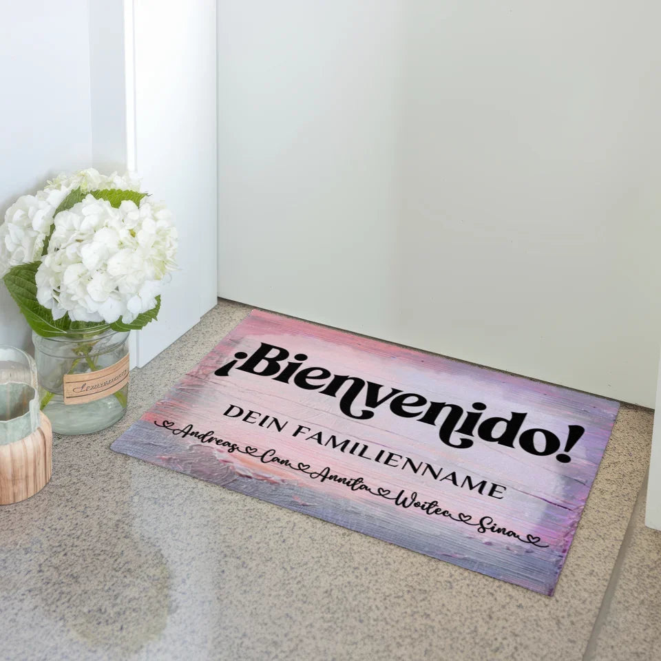 Personalisierte Fußmatte Willkommen auf Spanisch Vintage Holz Bunt 3