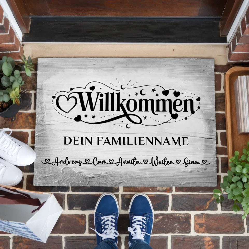 Fußmatte personalisiert Willkommen Vintage Holz Grau stylish gestalten