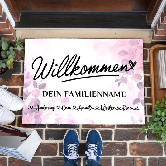 Personalisierte Familie Fußmatte Willkommen Pink Rosa Floral