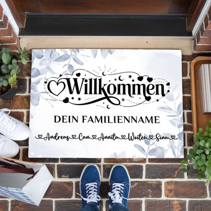 Personalisierte Familien Fußmatte Willkommen Eucalyptus Blau