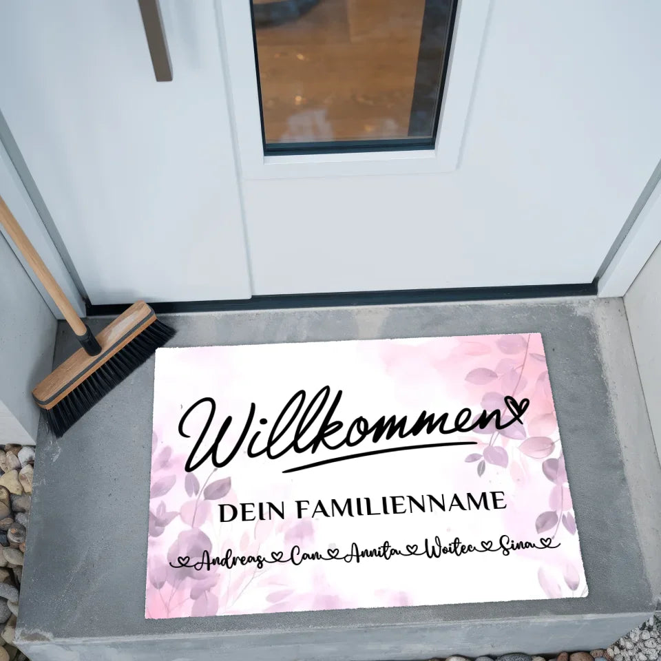 Personalisierte Familie Fußmatte Willkommen Pink Rosa Floral