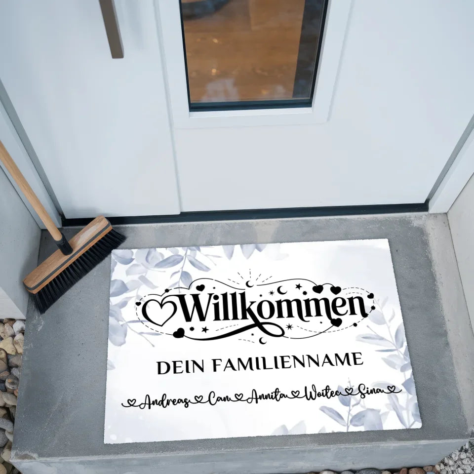 Personalisierte Familien Fußmatte Willkommen Eucalyptus Blau