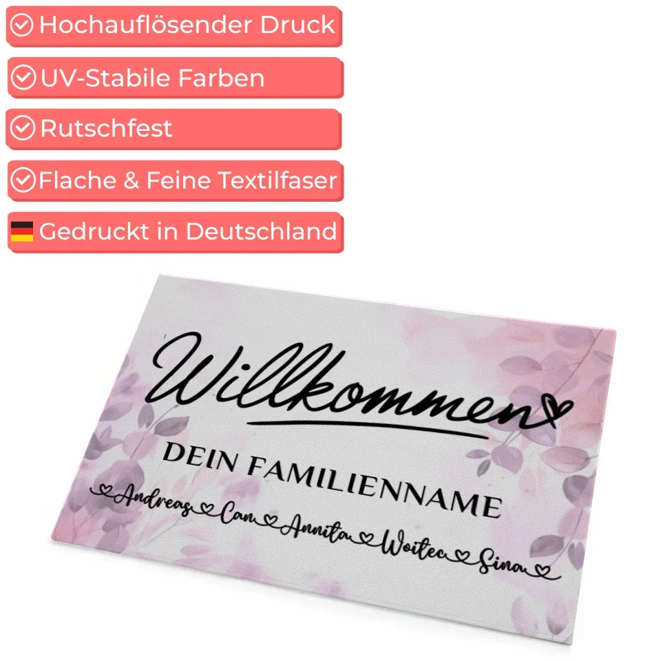 Personalisierte Familie Fußmatte Willkommen Pink Rosa Floral