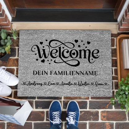 Personalisierte Familie Fußmatte grau mit Namen Welcome Geschenkidee