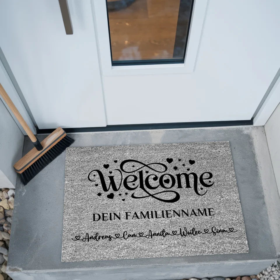 Personalisierte Familie Fußmatte grau mit Namen Welcome Geschenkidee