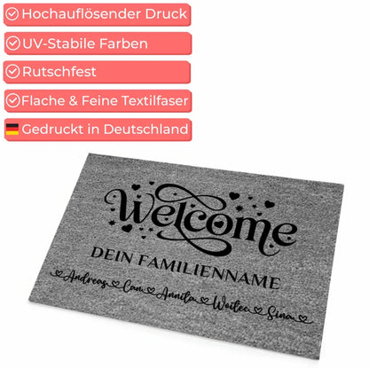 Personalisierte Familie Fußmatte grau mit Namen Welcome Geschenkidee