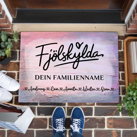 Personalisierte Familie Fußmatte mit Namen Vintage Holz Bunt Fjölskylda