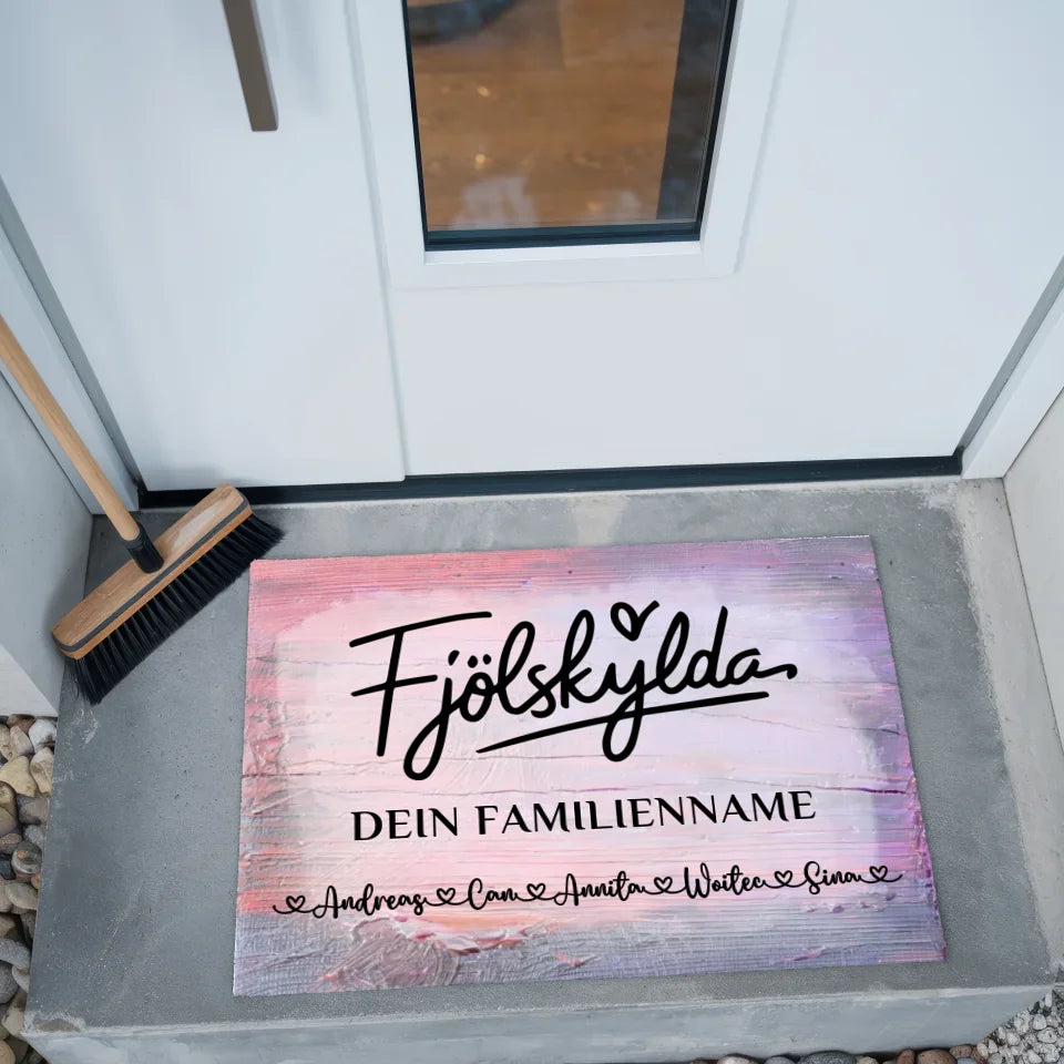 Personalisierte Familie Fußmatte mit Namen Vintage Holz Bunt Fjölskylda 2