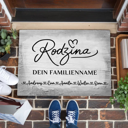 Personalisierte Fußmatte mit Namen Familie Rodzina Vintage Holz Grau