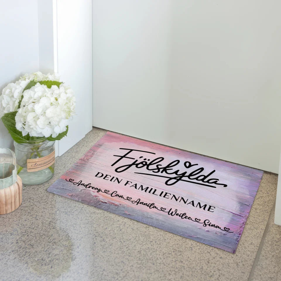 Personalisierte Familie Fußmatte mit Namen Vintage Holz Bunt Fjölskylda 3
