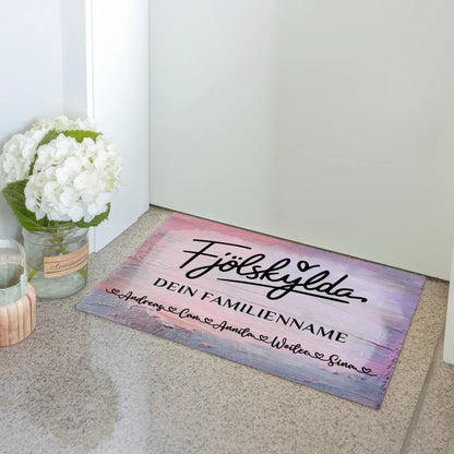 Personalisierte Familie Fußmatte mit Namen Vintage Holz Bunt Fjölskylda 3