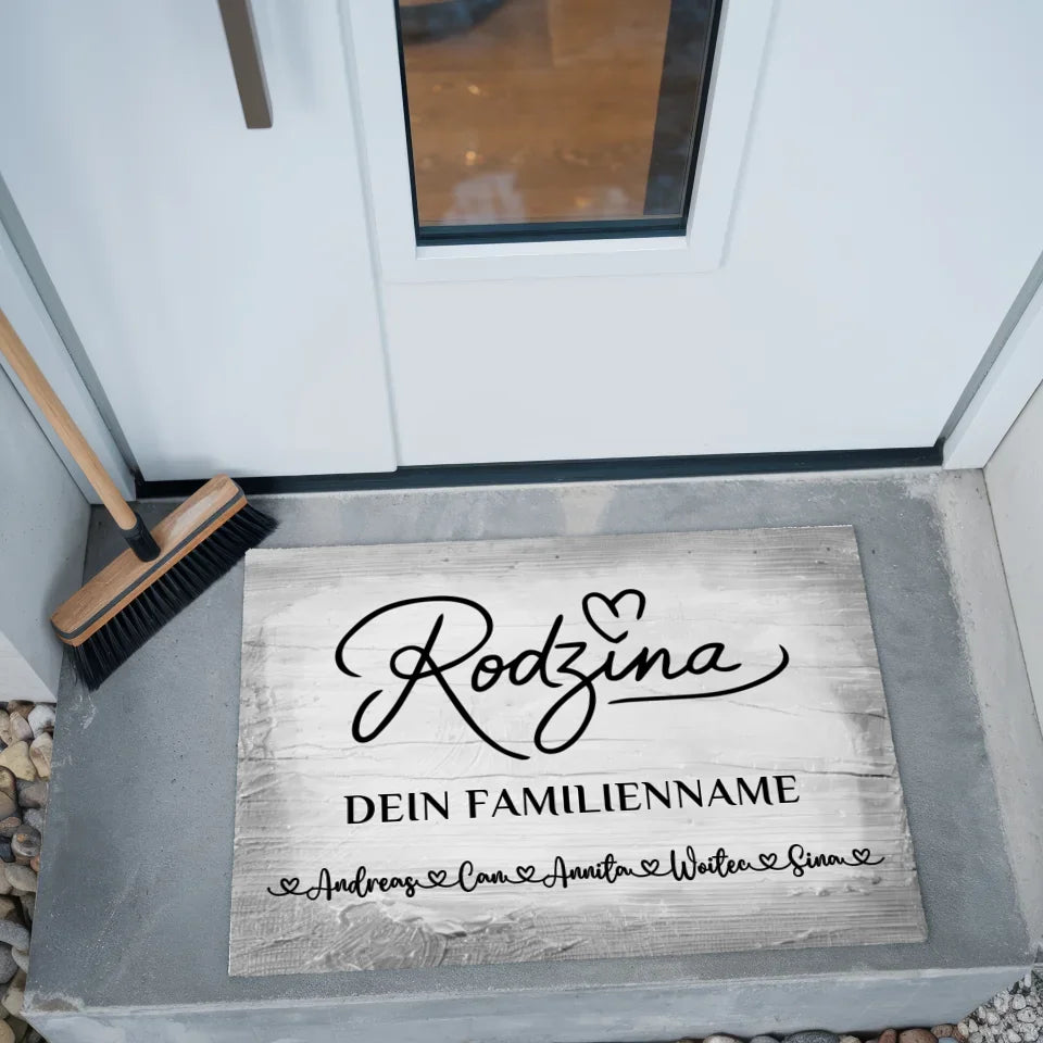 Personalisierte Fußmatte mit Namen Familie Rodzina Vintage Holz Grau