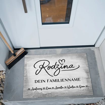 Personalisierte Fußmatte mit Namen Familie Rodzina Vintage Holz Grau