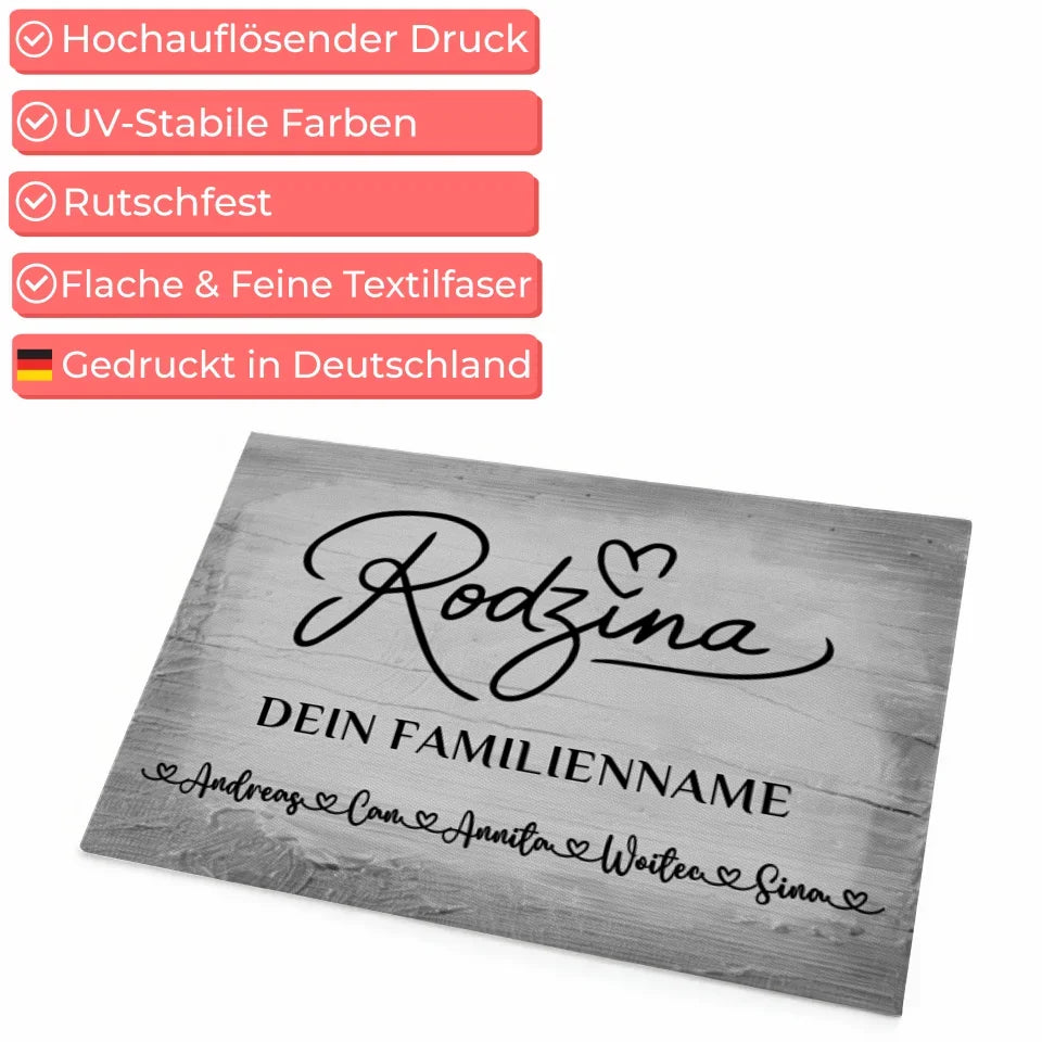 Personalisierte Fußmatte mit Namen Familie Rodzina Vintage Holz Grau