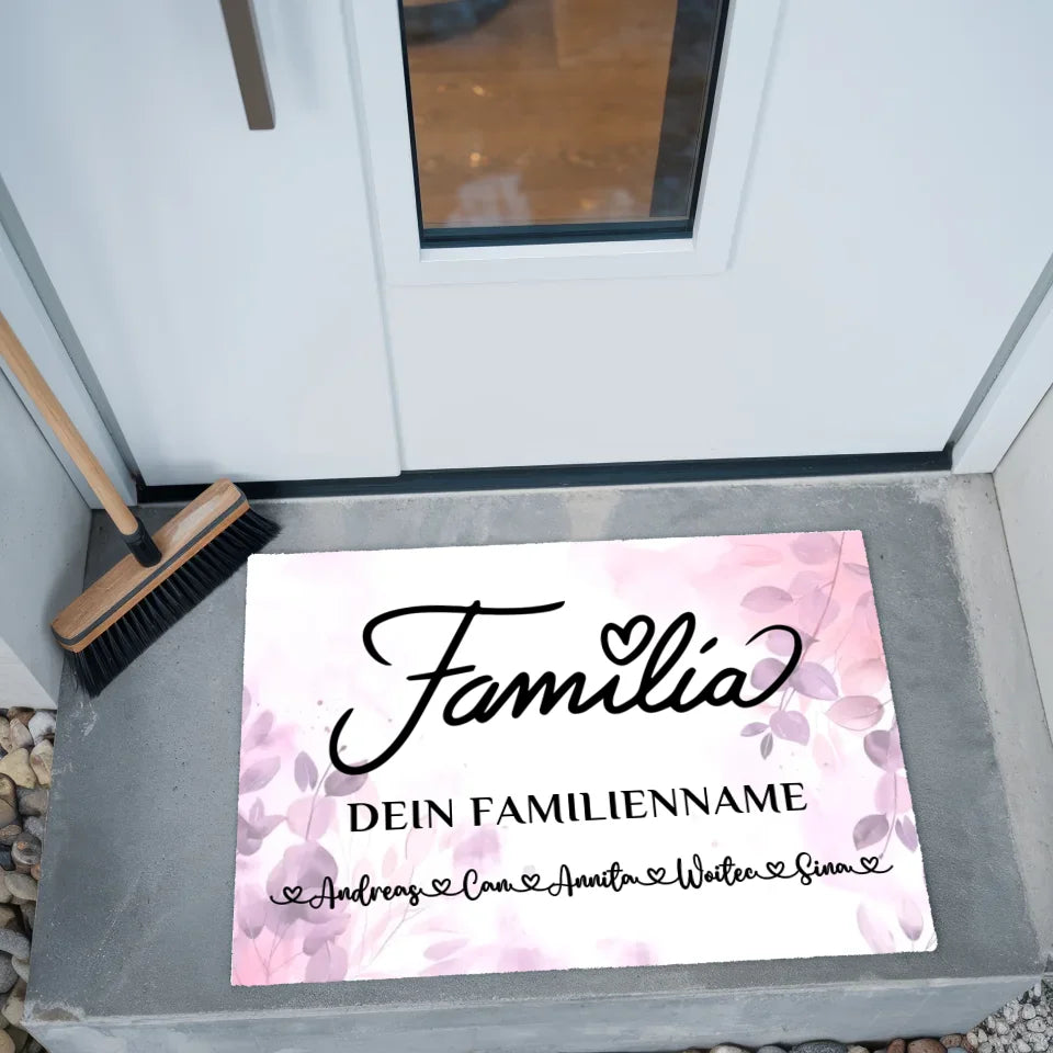 Personalisiertes Rosa Floral Fußmatte mit Namen für Familie Auf Portugiesisch