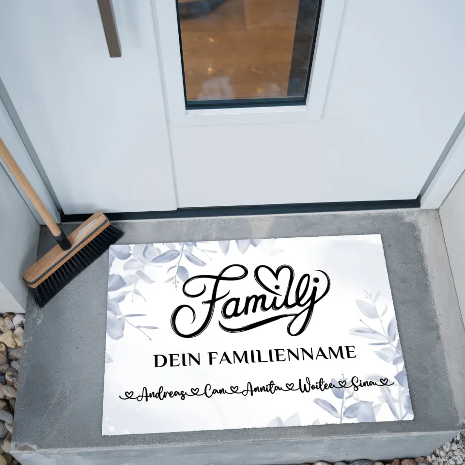 Personalisierte Fußmatte Familie auf Schwedisch Eucalyptus Blau