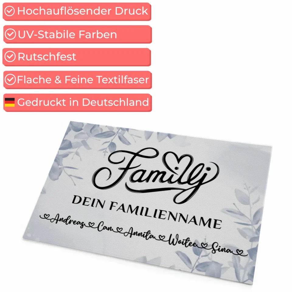 Personalisierte Fußmatte Familie auf Schwedisch Eucalyptus Blau