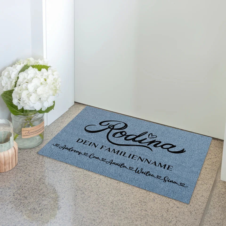 Personalisierte Familien Fußmatte mit Namen Blau Rodina 3