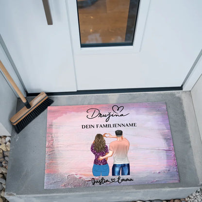 Personalisierte Fußmatte für Paare Familie Družina Vintage Holz Bunt mit Namen