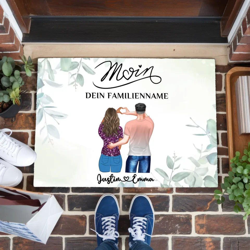 Personalisierte Fußmatte für Paare Willkommen Auf Deutsch Moin Eukalyptus Stil mit Namen 1