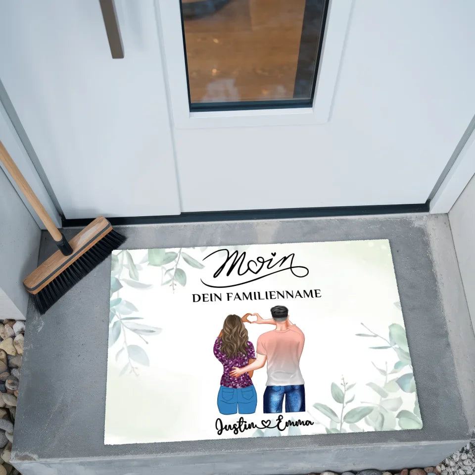 Personalisierte Fußmatte für Paare Willkommen Auf Deutsch Moin Eukalyptus Stil mit Namen 2
