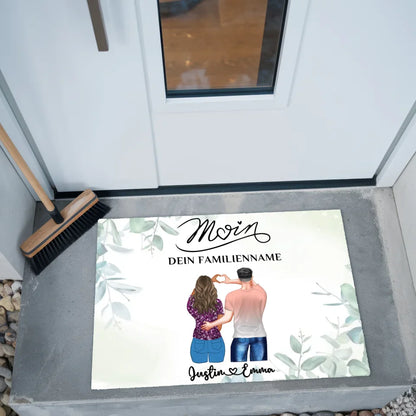 Personalisierte Fußmatte für Paare Willkommen Auf Deutsch Moin Eukalyptus Stil mit Namen 2