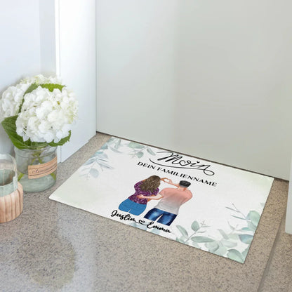 Personalisierte Fußmatte für Paare Willkommen Auf Deutsch Moin Eukalyptus Stil mit Namen 3