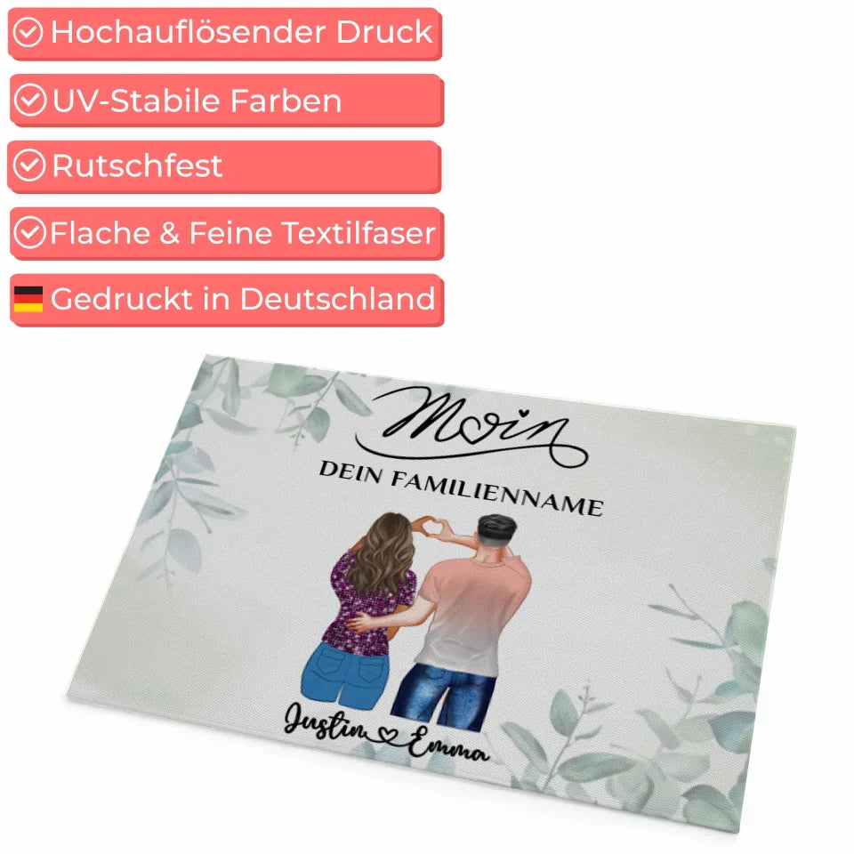 Personalisierte Fußmatte für Paare Willkommen Auf Deutsch Moin Eukalyptus Stil mit Namen 4