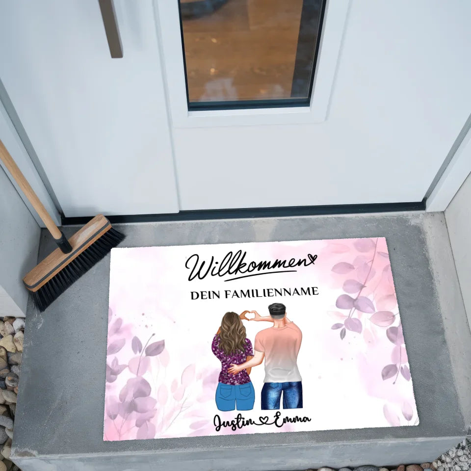 Fußmatte personalisiert Paare Willkommen Pink Rosa Floral mit Namen Wunschtext