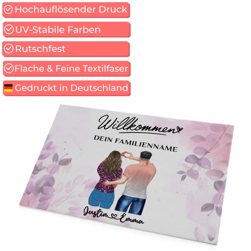 Fußmatte personalisiert Paare Willkommen Pink Rosa Floral mit Namen Wunschtext