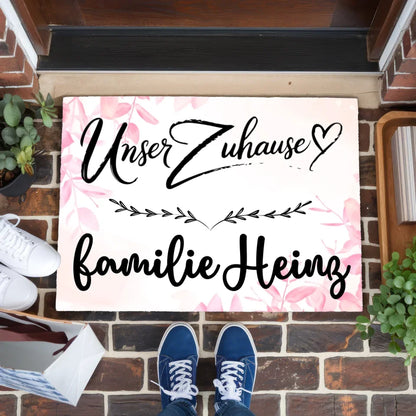 Familien Fußmatte mit Namen Rosa Floral Unser Zuhause personalisiert